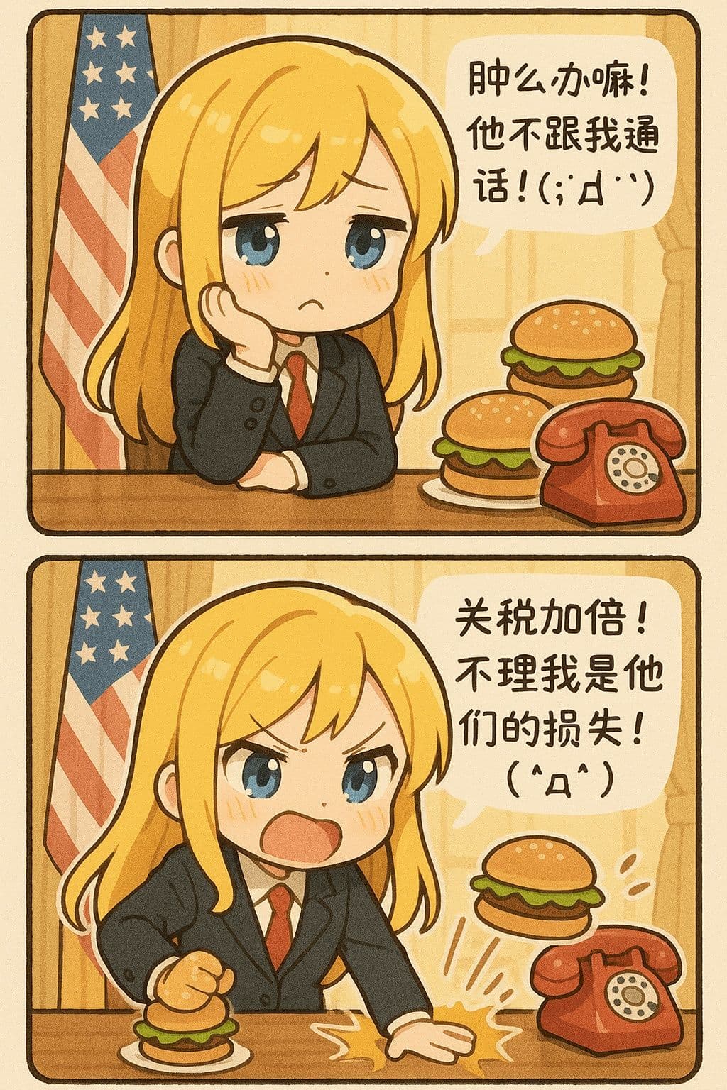 Japanischer Stil Zwei-Panel Manga (Mädchenpräsidentin wird hitzig) — Generated result