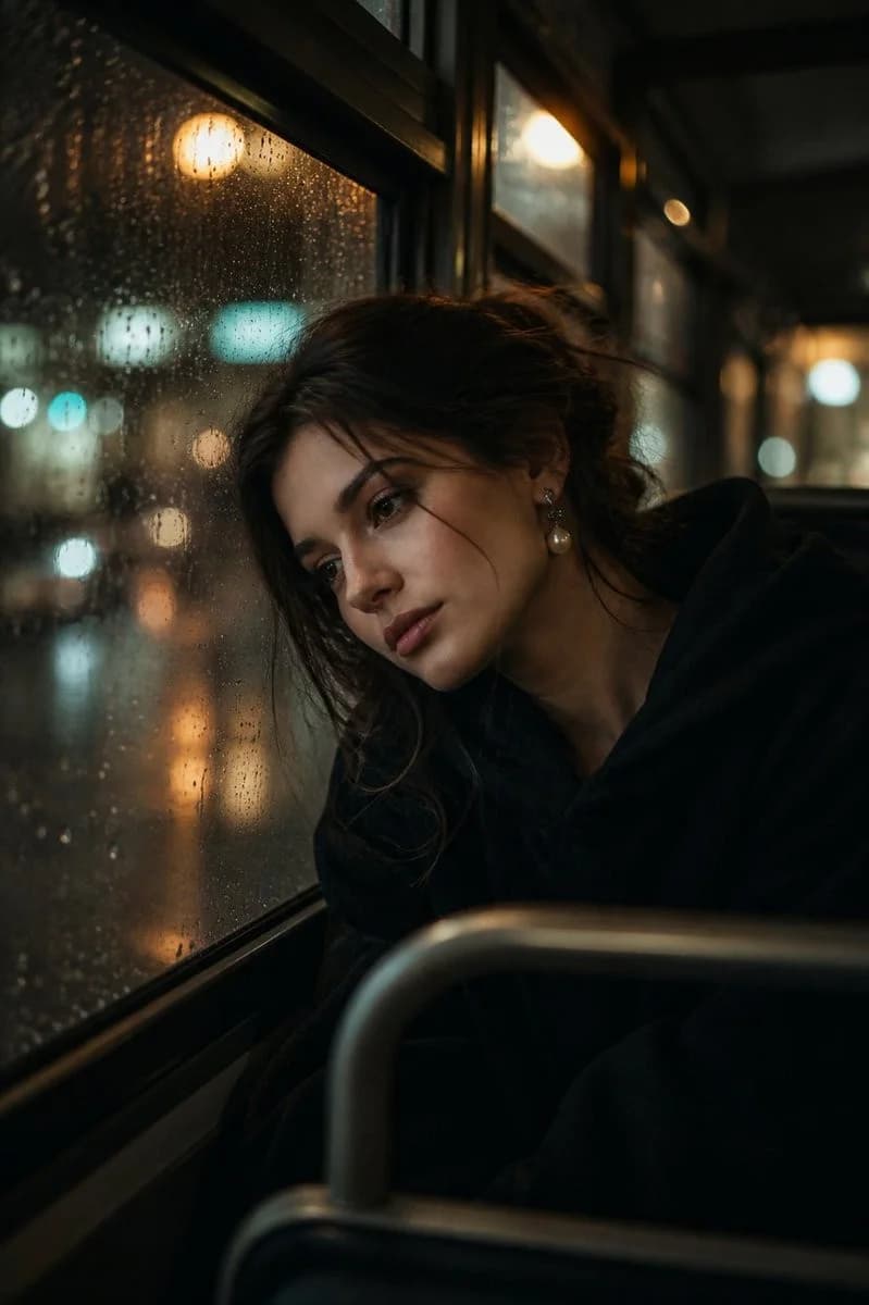 ภาพพอร์ตเทรตข้างหน้าต่างรถบัสยามฝนตก — Generated result