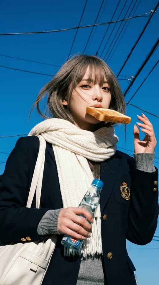 Zu-spät-zur-Schule-Toast-Girl Schnappschuss unter blauem Himmel — Generated result