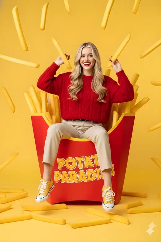 Verspieltes Mädchen im Ozean aus Pommes frites — Generated result