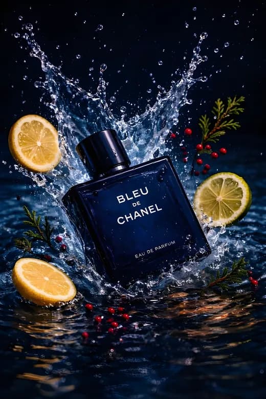 إعلان عطر فاخر بستارة مائية زرقاء — Generated result