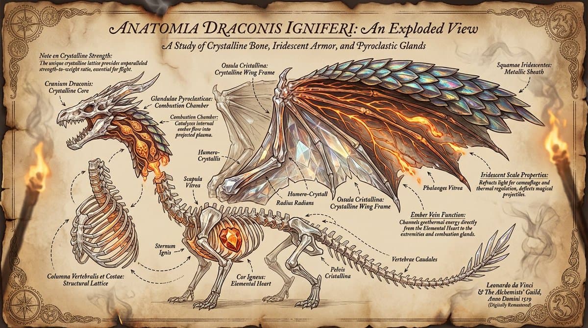 Eine Explosionsdarstellung der Anatomie eines Drachen