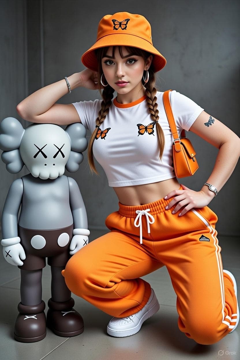 ผู้หญิงยืนข้างประติมากรรมศิลปะแบบ KAWS — Generated result