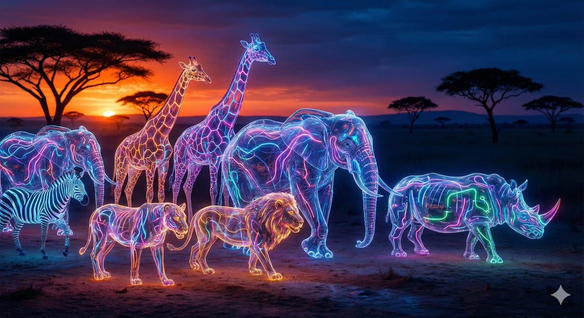 Tiere und Menschen werden zu Neon-Glaswesen — Generated result