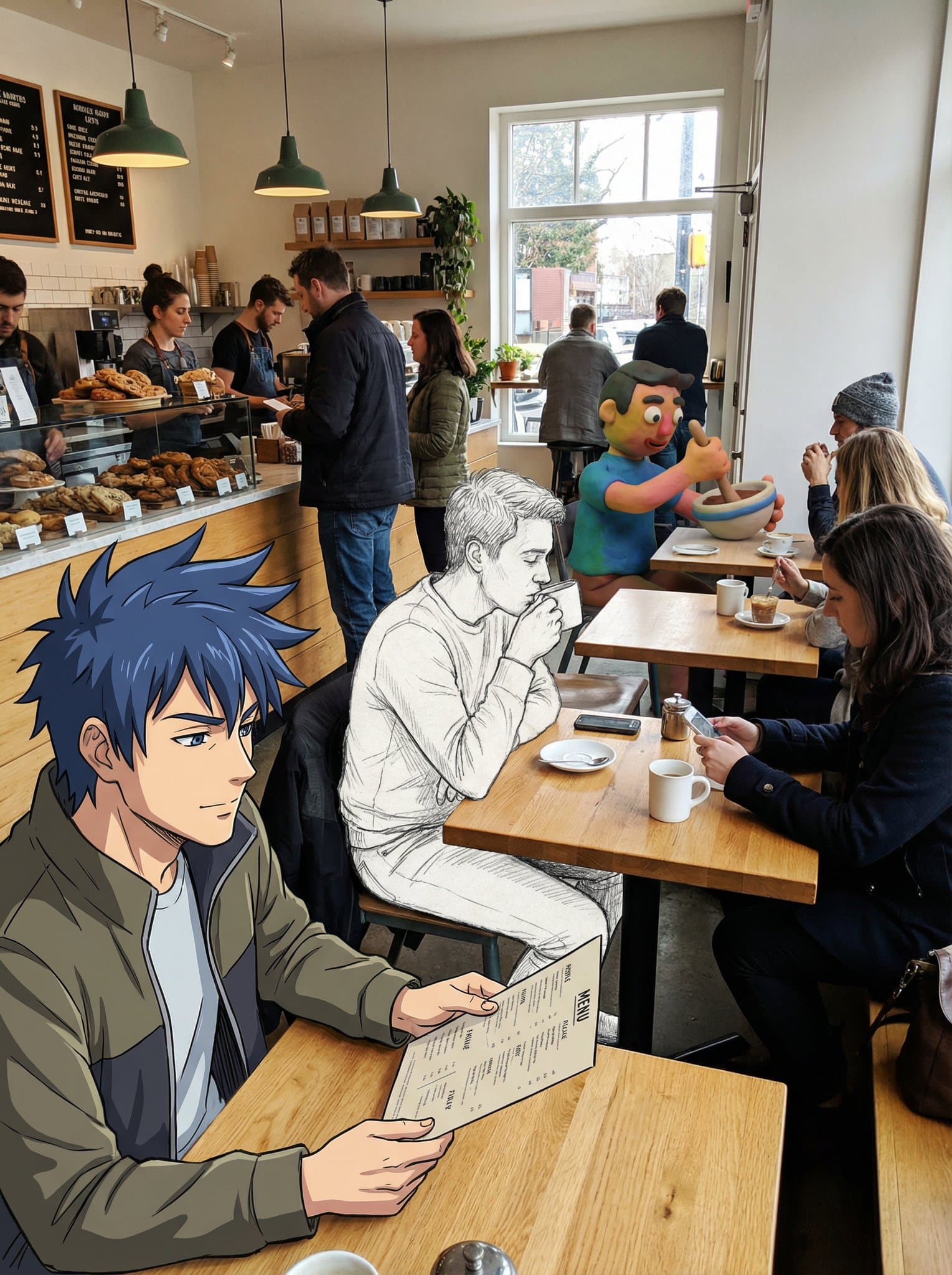 Fusion aus Anime-, Skizzen- und Claymation-Charakteren