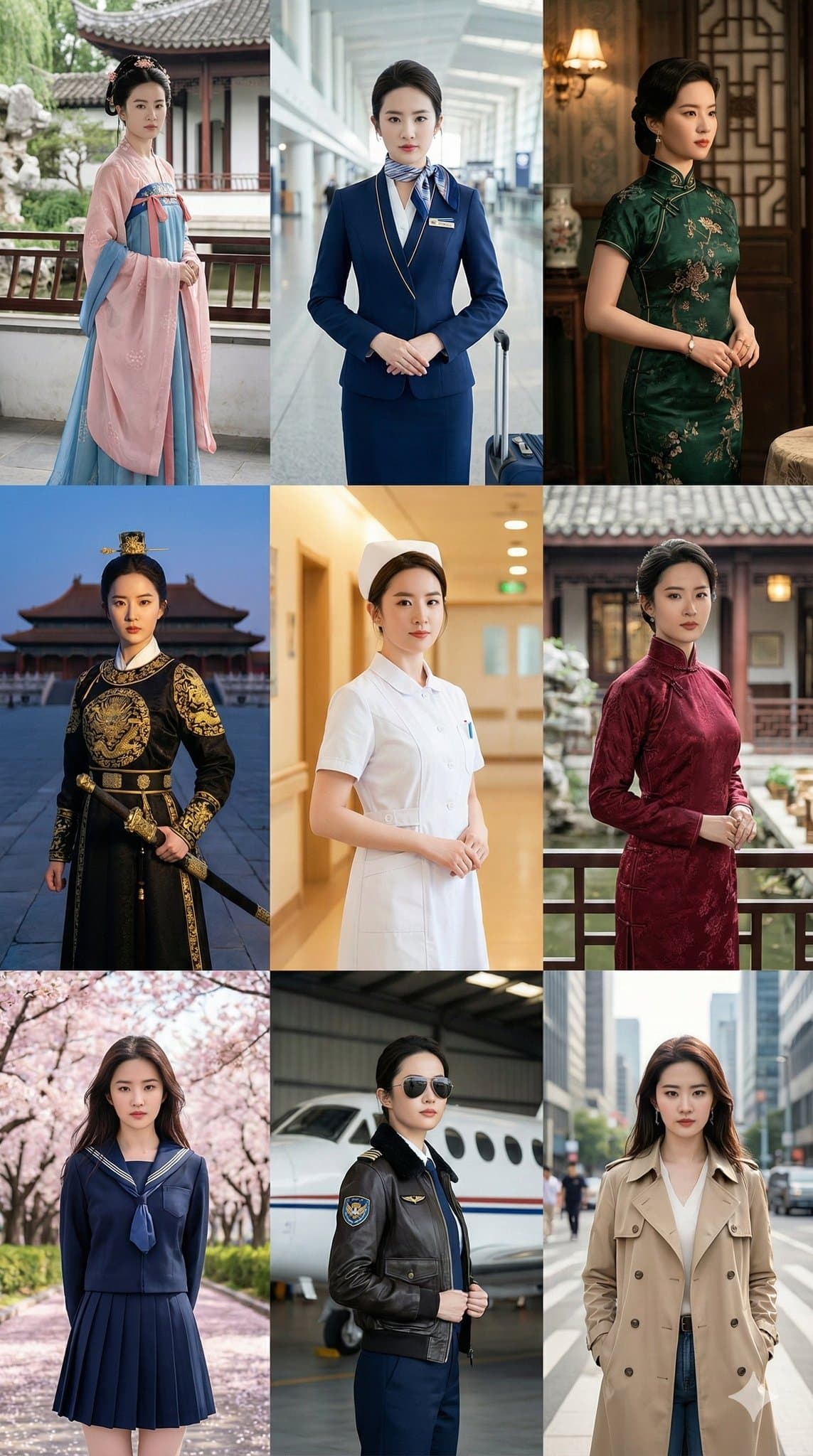 9 Clothing Styles and Backgrounds for a Character — Generated result