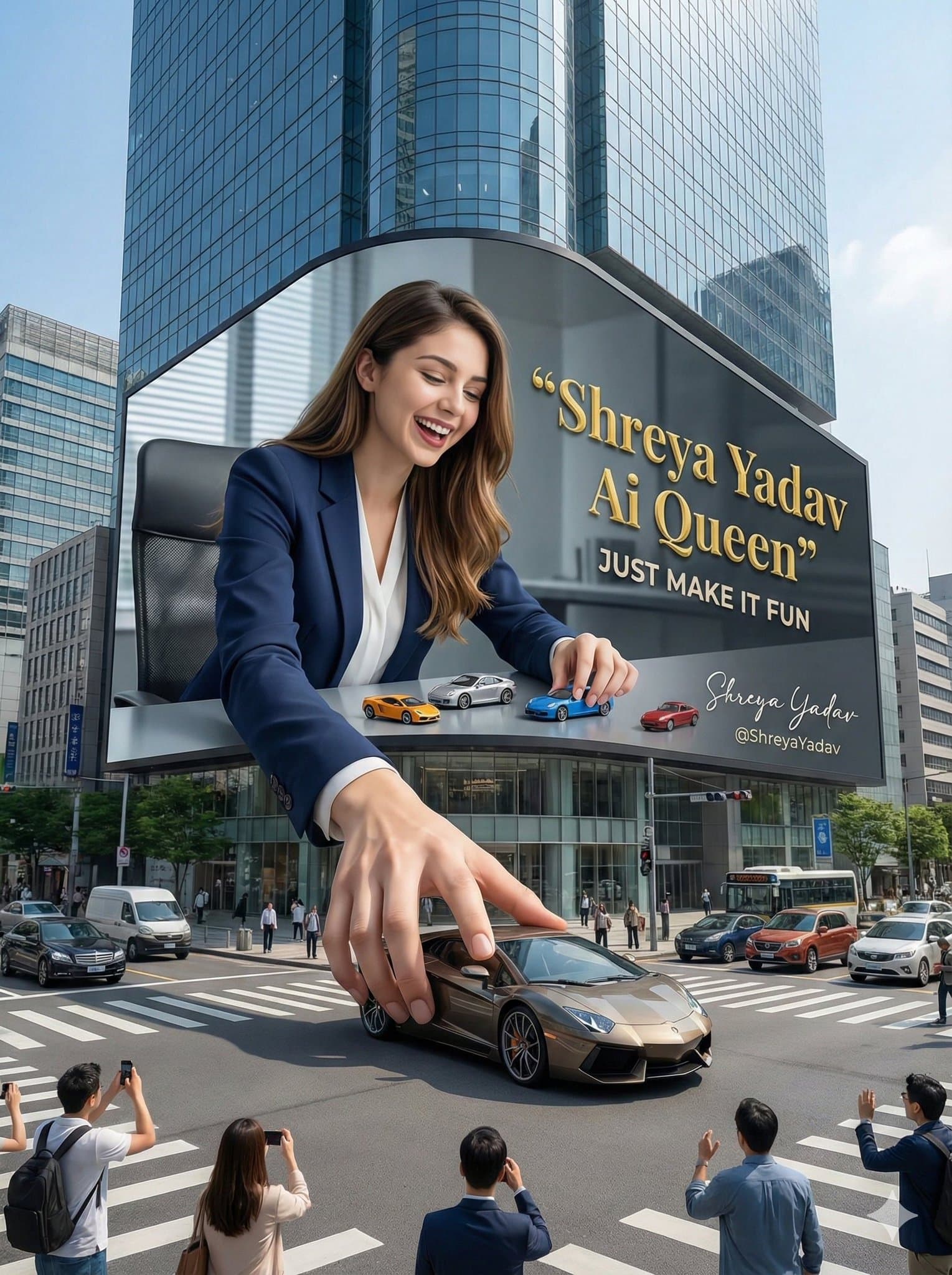 Frau auf riesigem Fashion-3D-Bogen-Billboard