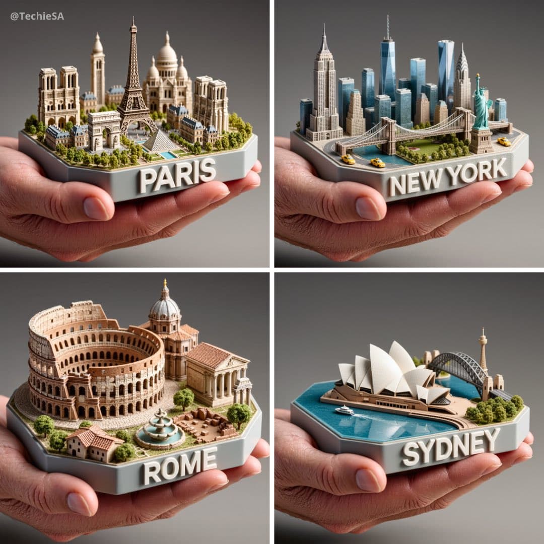 Hand hält sanft ein 3D-Sammlermodell einer Stadt