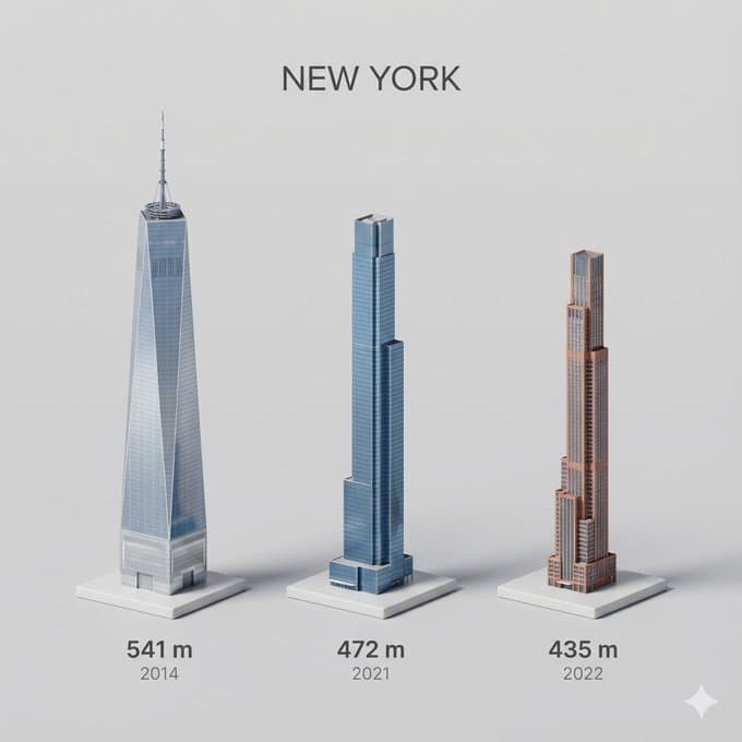 Miniatur-3D-Cartoonansicht der 3 höchsten Gebäude einer Stadt