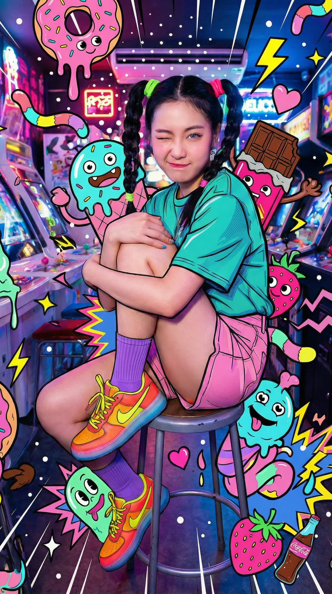 年轻女子侧坐在街机凳上 — Generated result