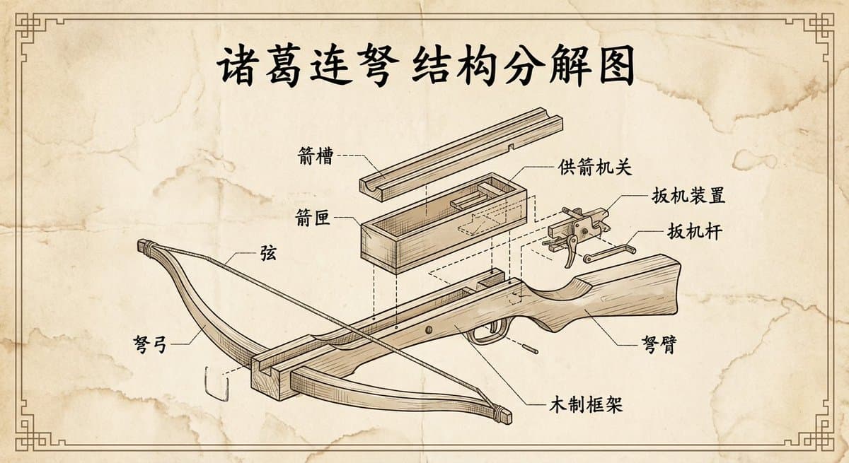 مخطط انفجار هندسي بأسلوب Retro لـ Zhuge Liannu — Generated result