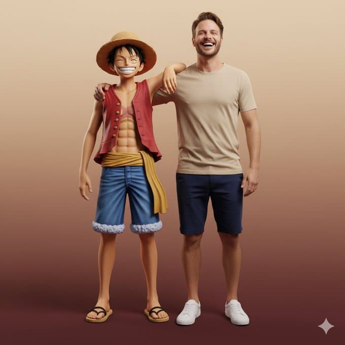 بورتريه كامل الجسم فائق الواقعية يتفاعل مع Luffy — Generated result