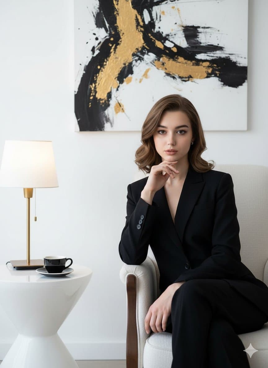 Mujer elegante y segura de sí misma con traje negro — Generated result