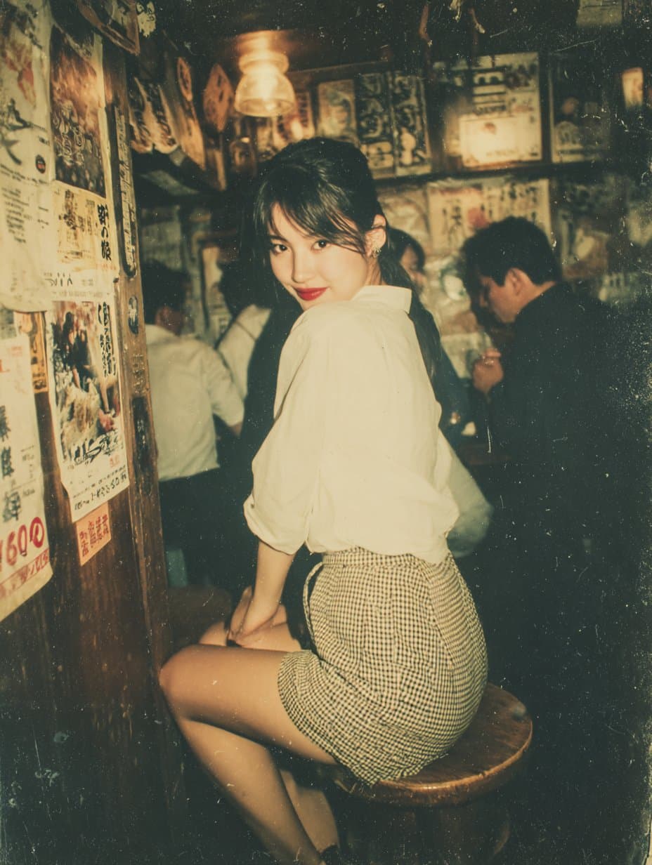 Schönes Frauenfoto mit Blitzlicht in einer Izakaya