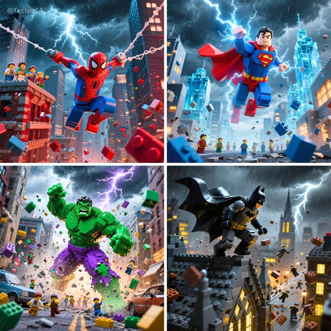 Lego-Superhelden in dynamischen Posen