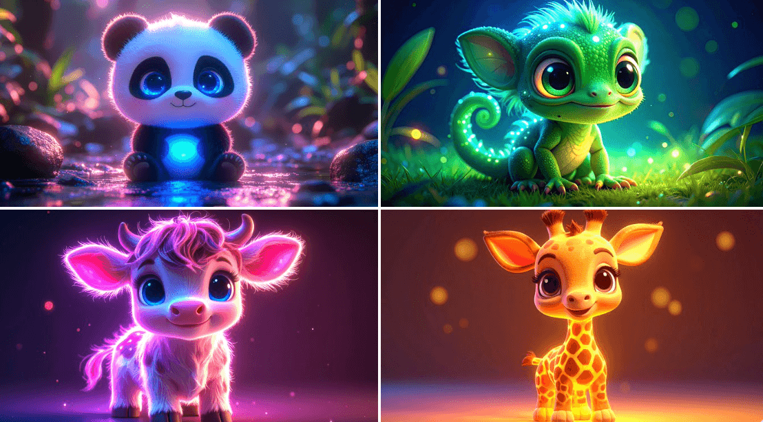 Niedliche Tiere im Neonlicht